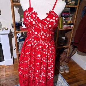 Fire red cocktail dress with lace overlay